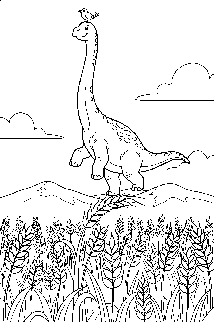 dinosaur balancing in wheat field line art