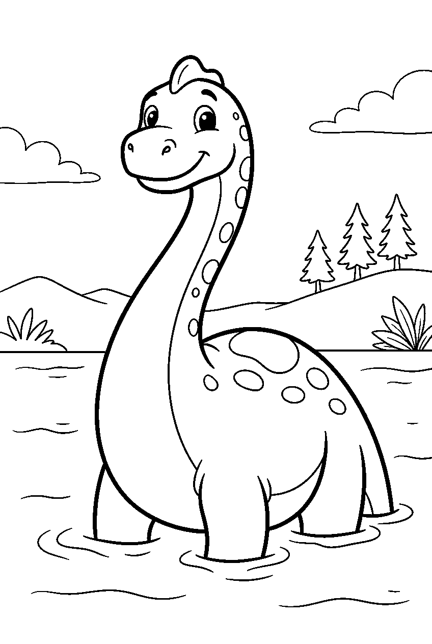 dinosaur in ancient lake line art
