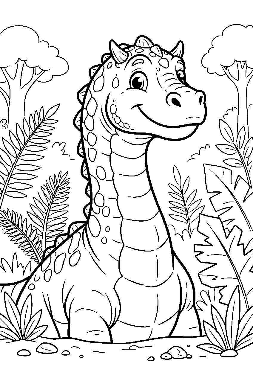 dinosaur in ancient woodland line art