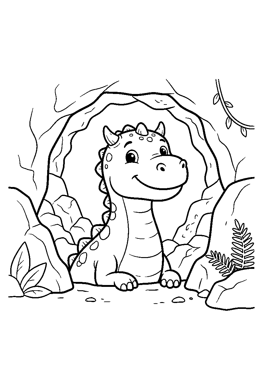 dinosaur in cave entrance line art