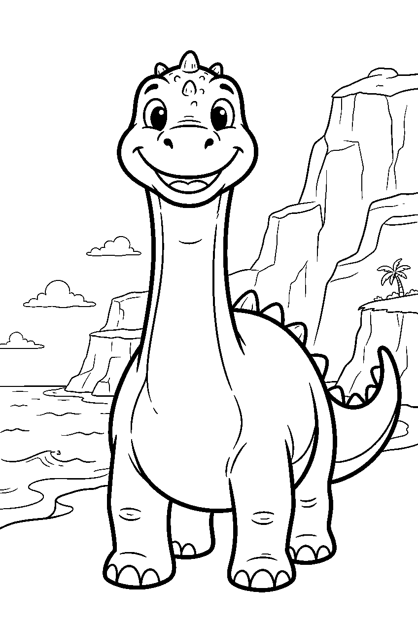 dinosaur in coastal cliffs line art