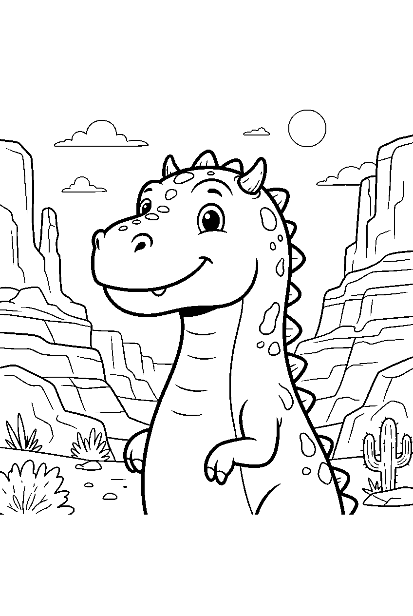 dinosaur in desert canyon line art
