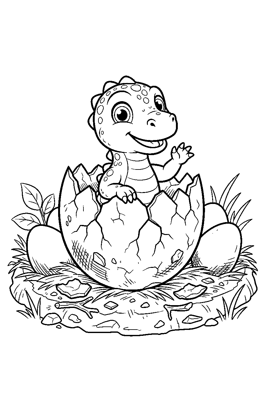 dinosaur in egg hatchery area line art