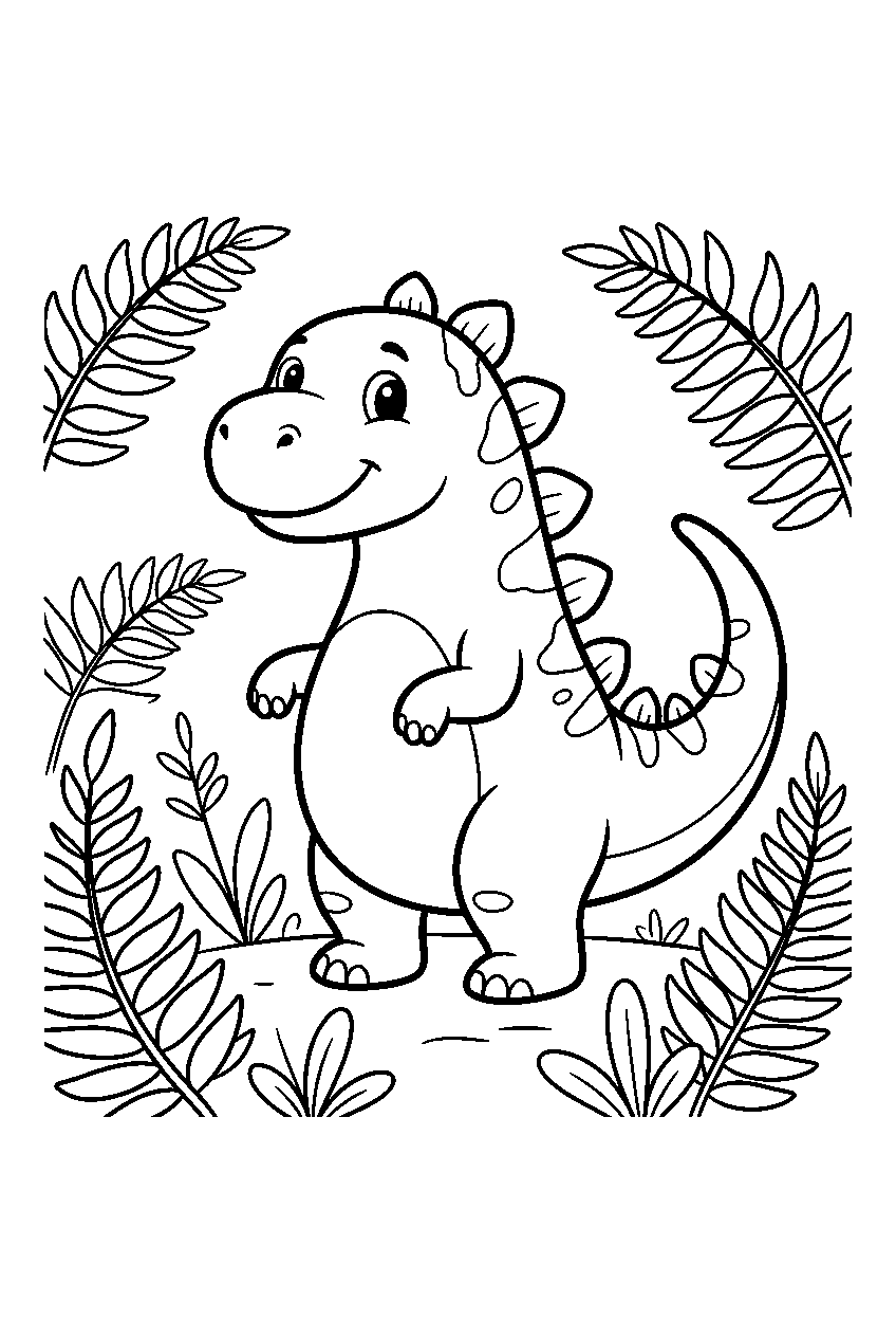 dinosaur in fern forest line art