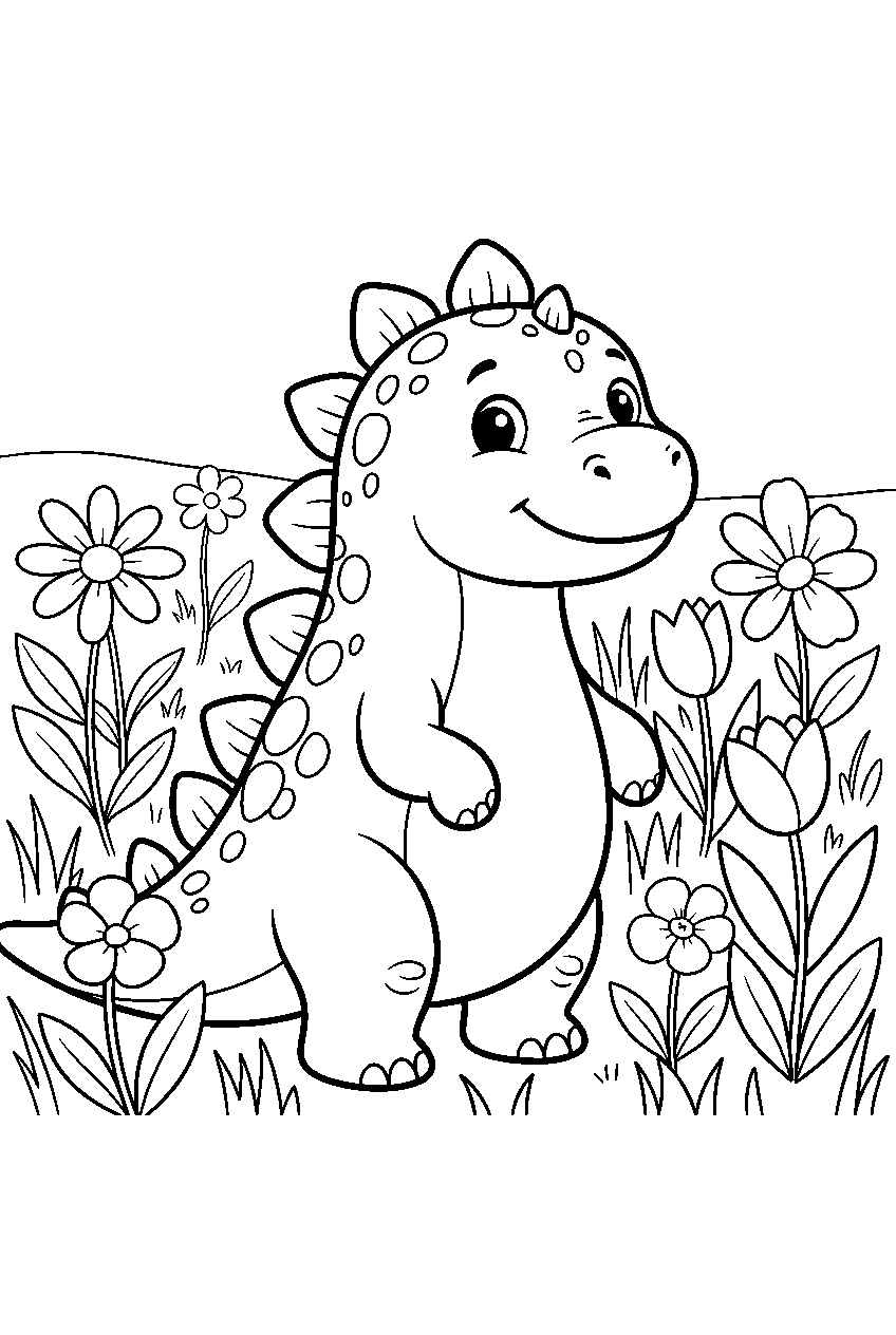 dinosaur in flower meadow line art