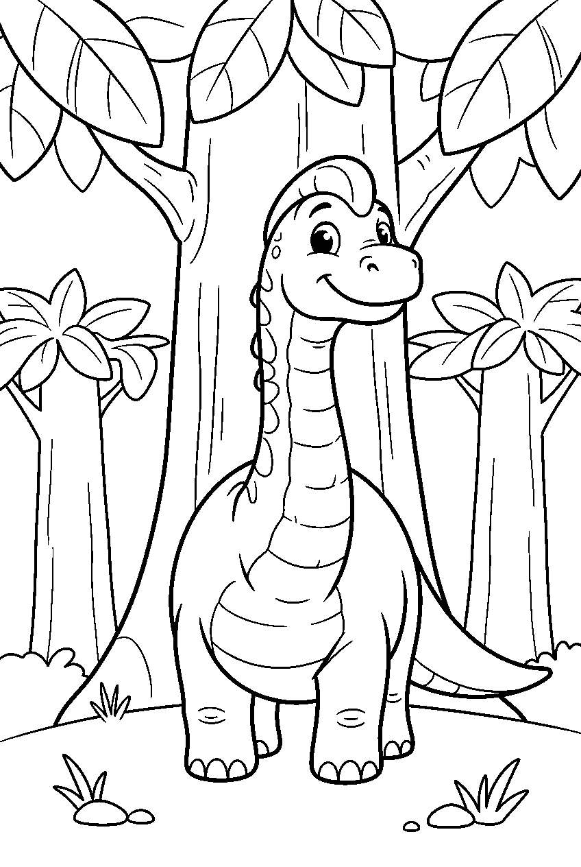 dinosaur in giant tree forest line art