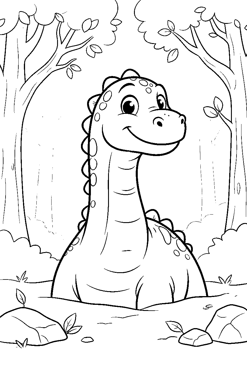 dinosaur in misty forest line art