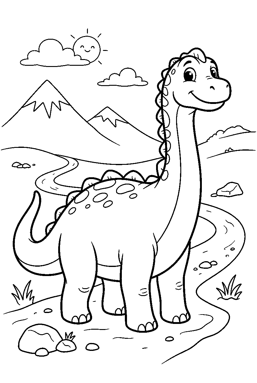 dinosaur in mountain trail line art
