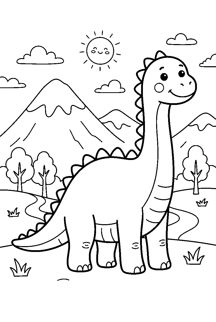 dinosaur in mountain valley line art