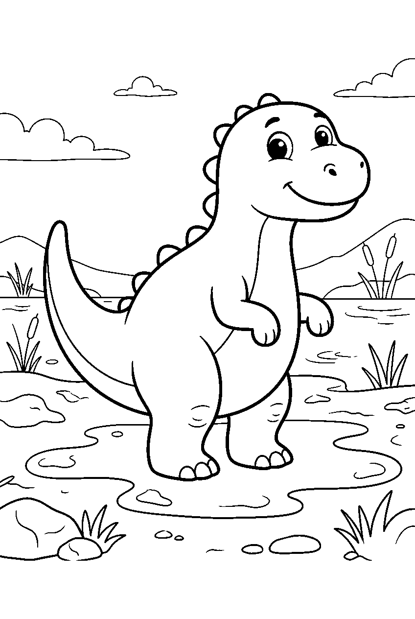 dinosaur in muddy shoreline line art
