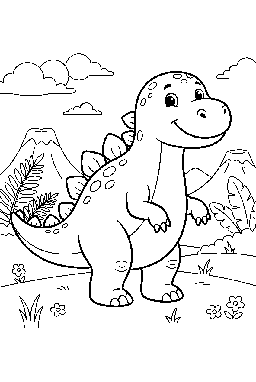 dinosaur in prehistoric meadow line art