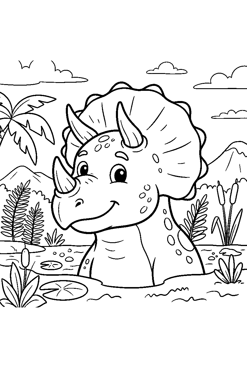 dinosaur in prehistoric swamp line art