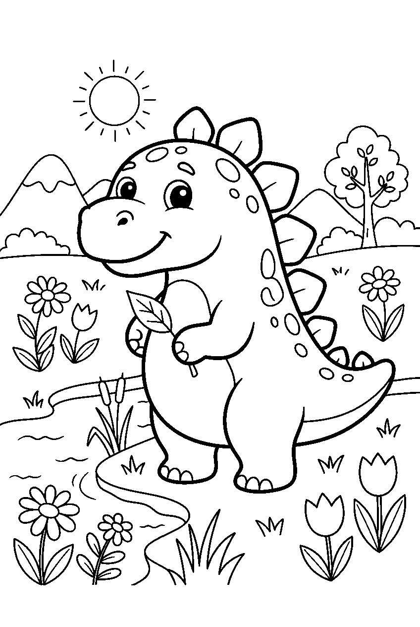 dinosaur in riverside meadow line art