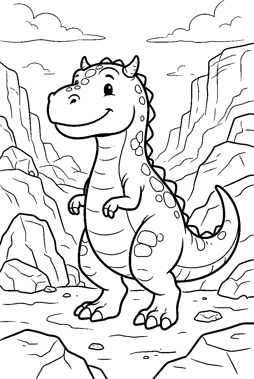 dinosaur in rocky canyon line art