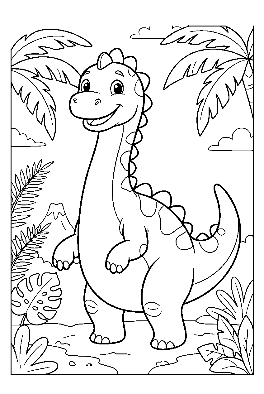 dinosaur in tropical jungle line art