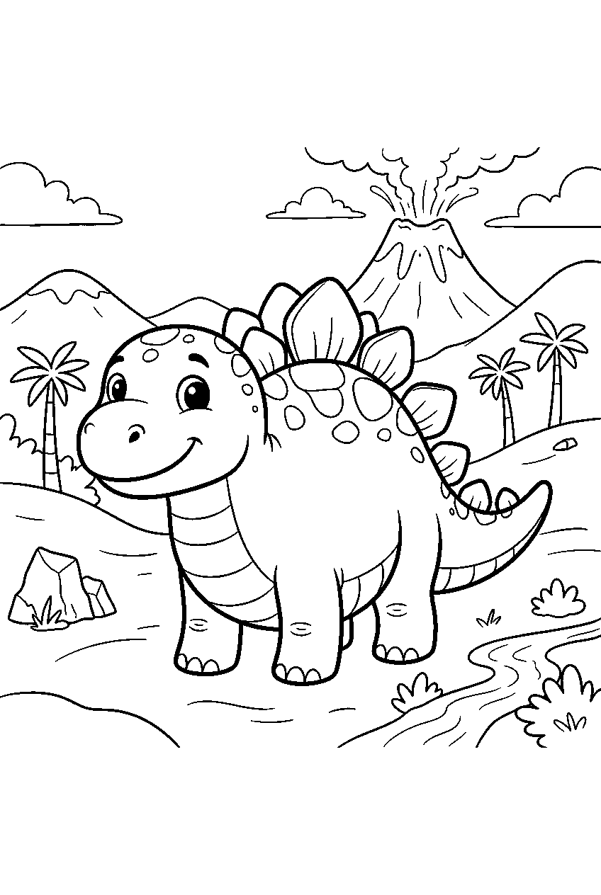dinosaur in volcanic valley line art