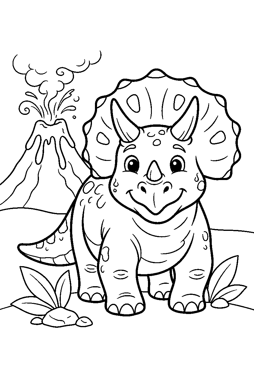 dinosaur near volcano line art