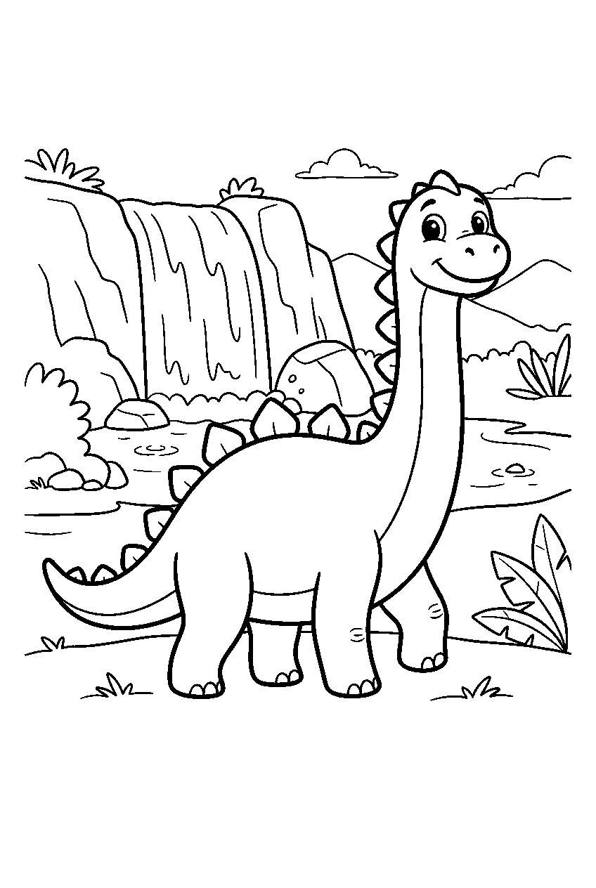 dinosaur near waterfall line art