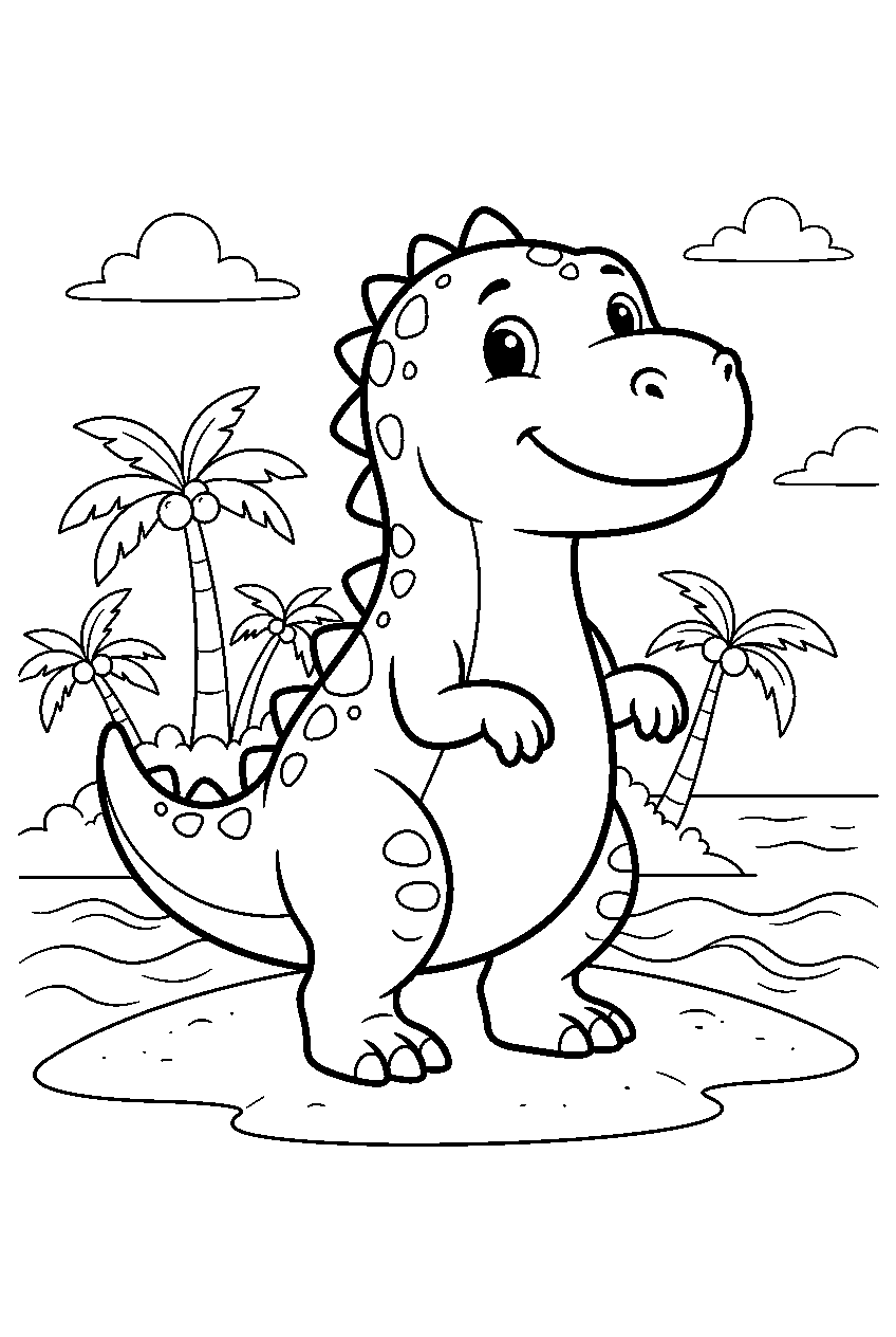 dinosaur on tropical island line art