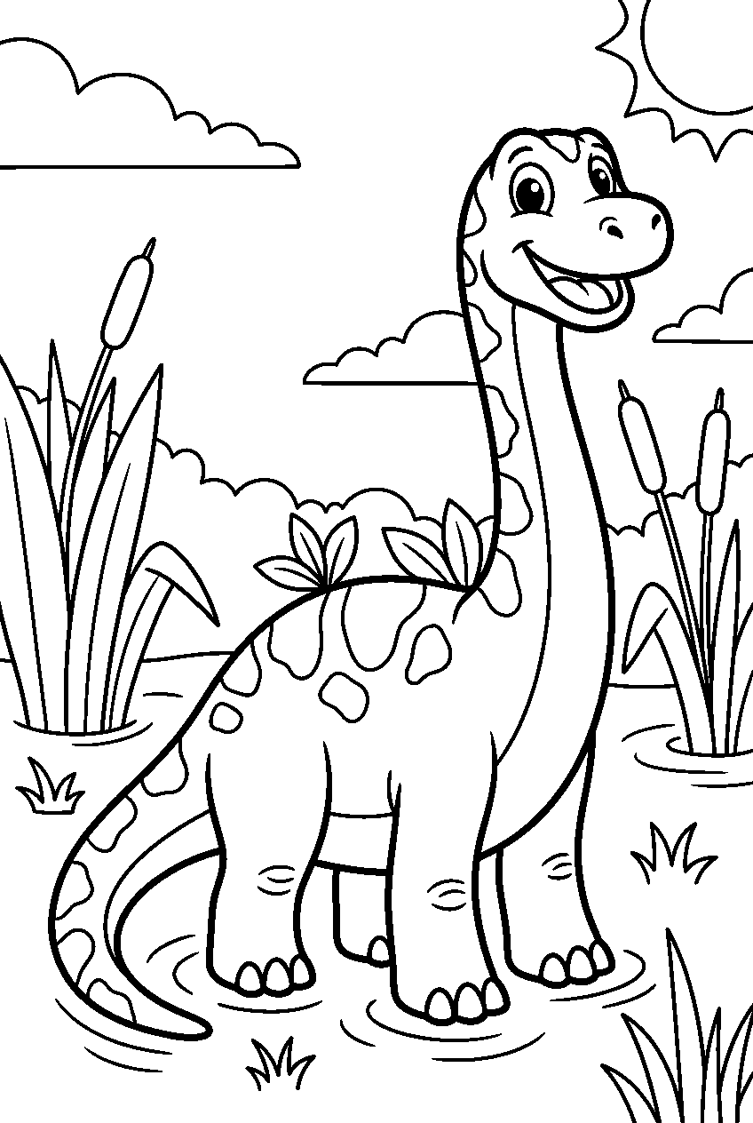 dinosaur posing in marshland line art