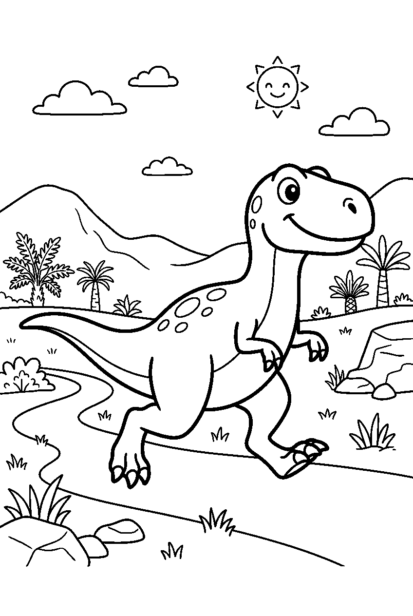 dinosaur running in prehistoric valley line art