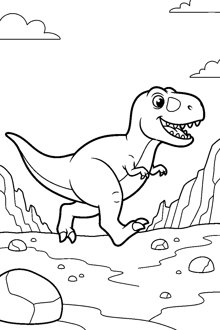 dinosaur running in rocky area line art