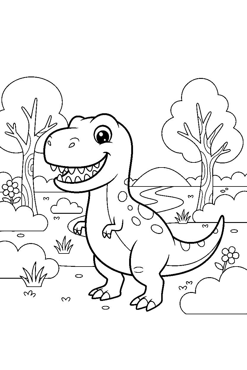 dinosaur smiling in park line art