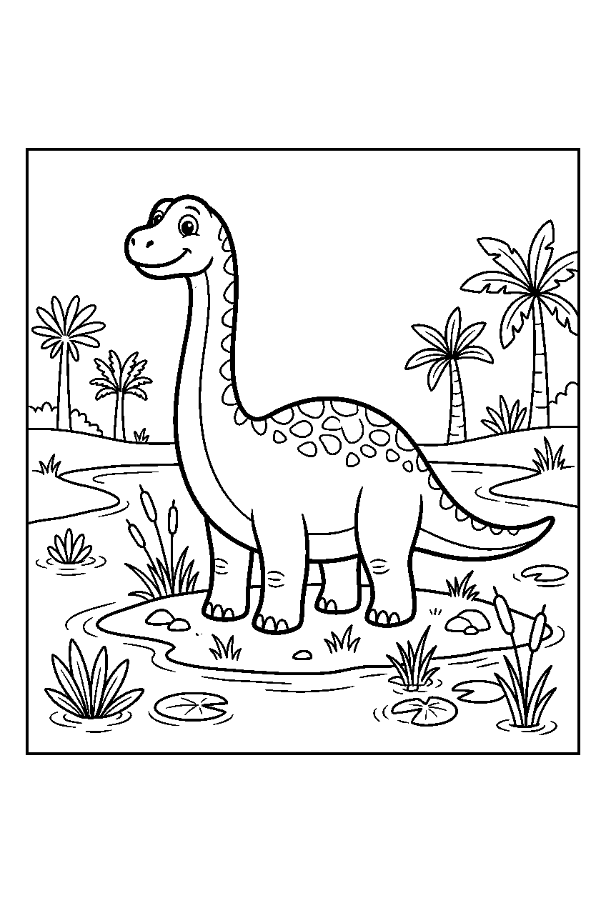 dinosaur standing in prehistoric swamp line art