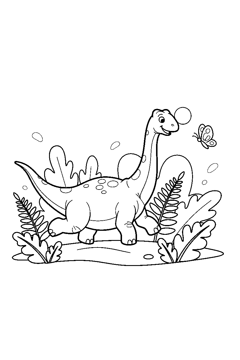 diplodocus chasing a butterfly under giant ferns line art