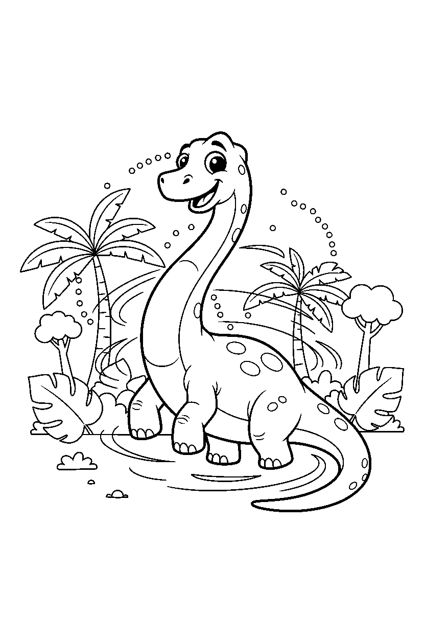 diplodocus dinosaur spinning playfully near a jungle clearing line art