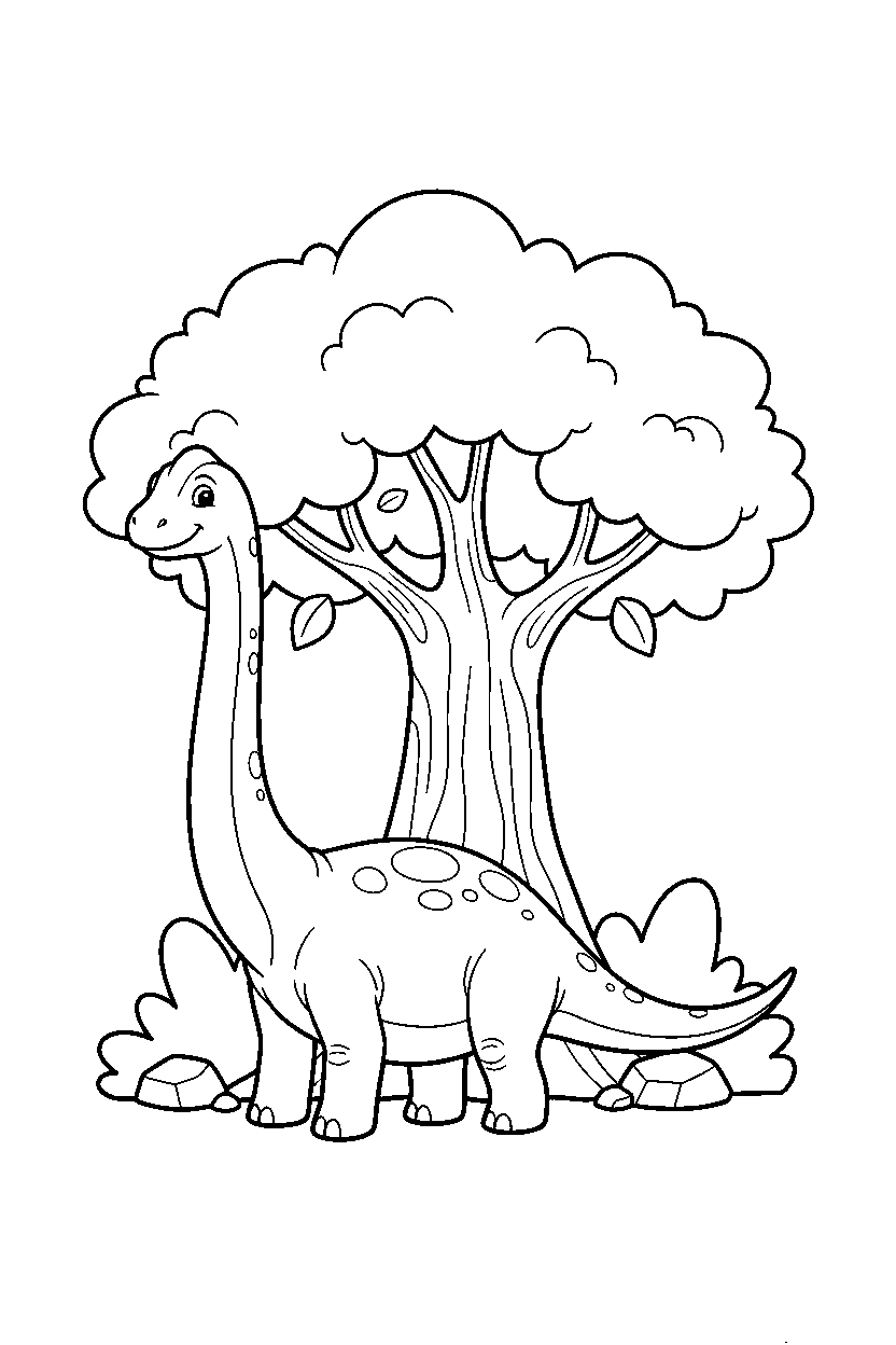 diplodocus dinosaur standing calmly near a big tree line art