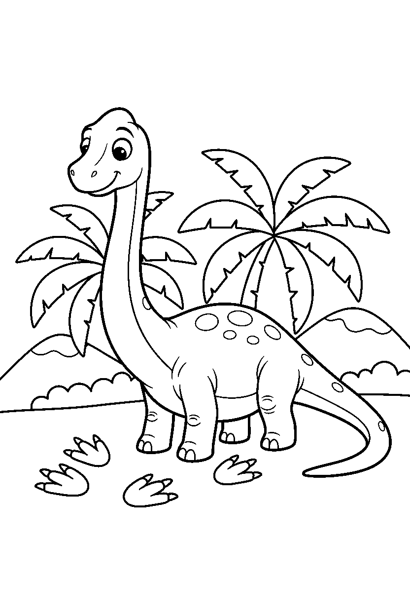 diplodocus exploring curiously near dinosaur footprints line art