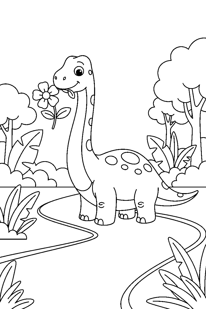diplodocus holding a flower on a jungle trail line art