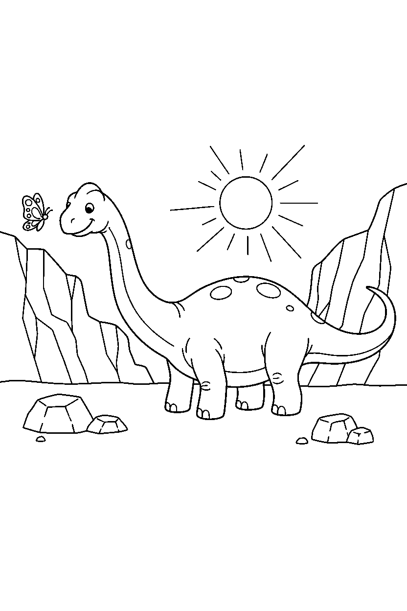 diplodocus looking at a butterfly near a rocky canyon line art