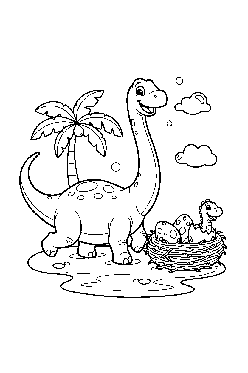diplodocus playing happily near a dinosaur nest line art