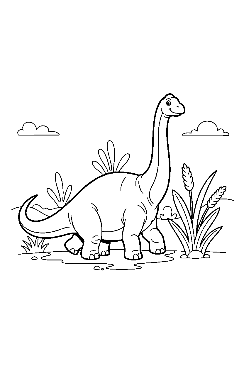 diplodocus walking proudly near tall grasses line art