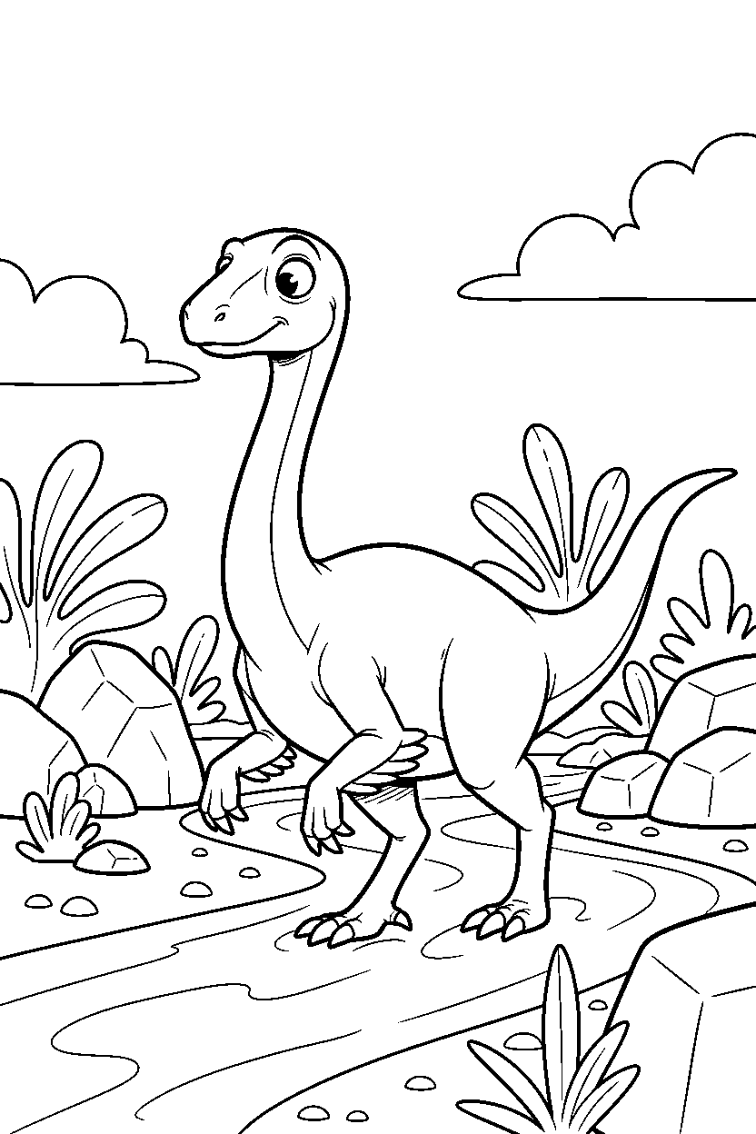 gallimimus dinosaur exploring curiously by a river line art