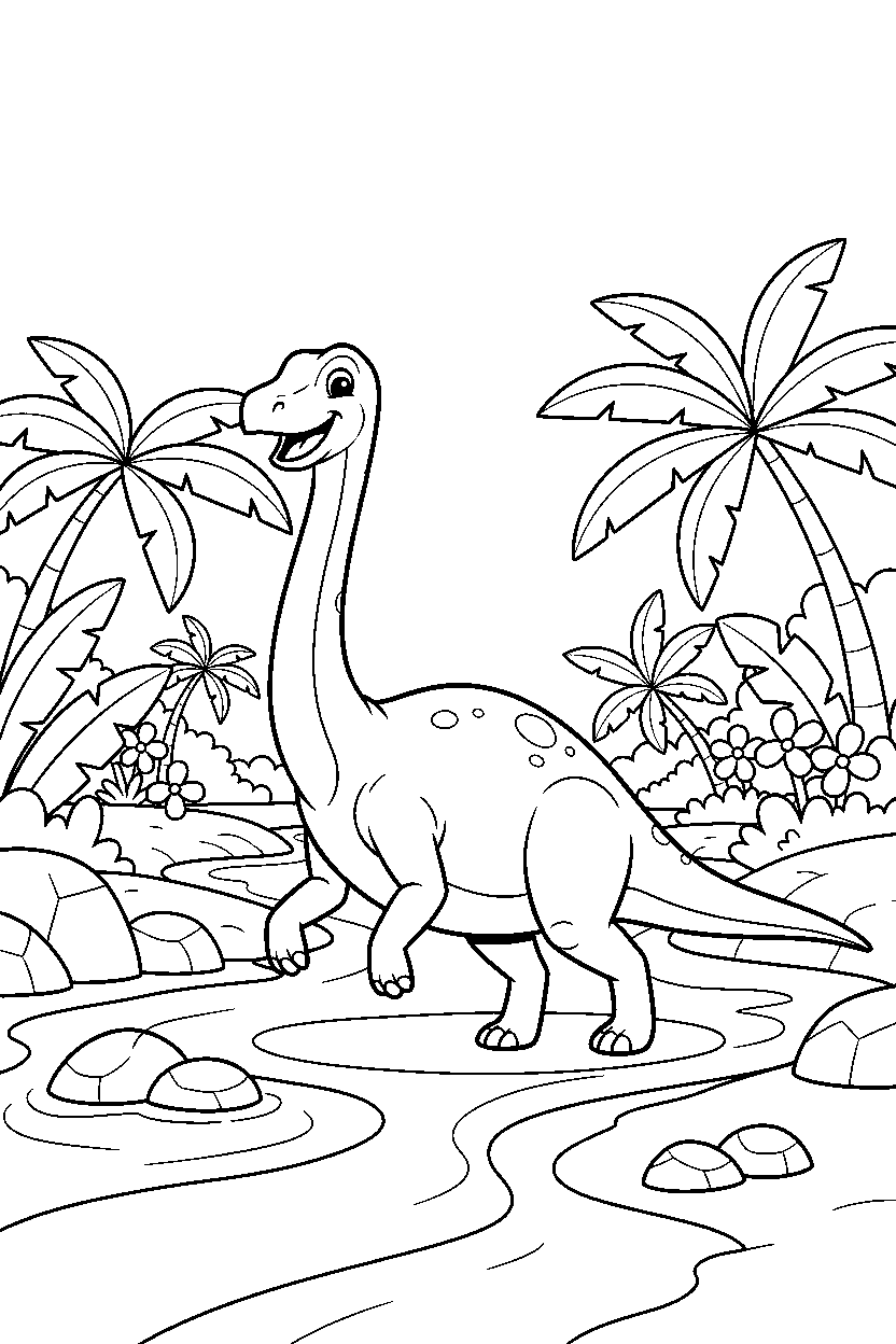 gallimimus dinosaur walking happily beside a jungle river line art