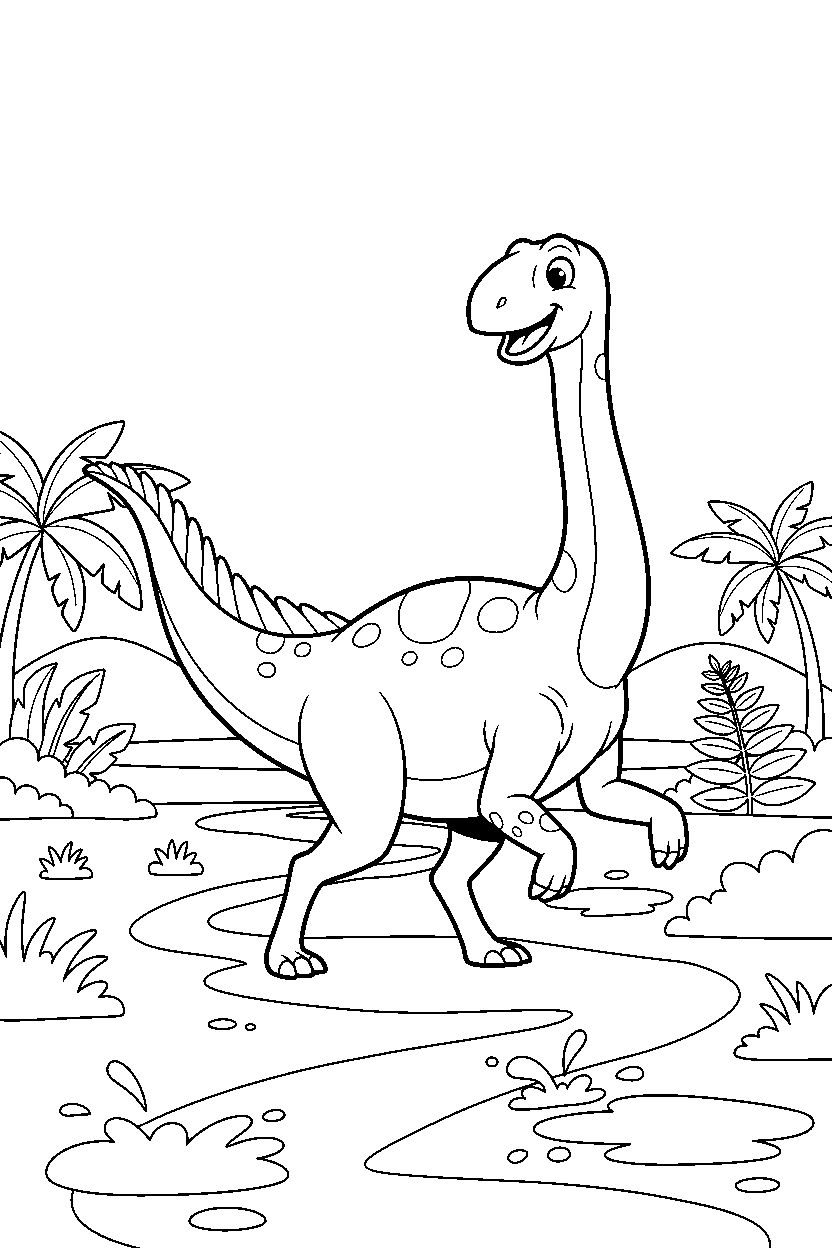 gallimimus dinosaur walking happily on a muddy trail line art