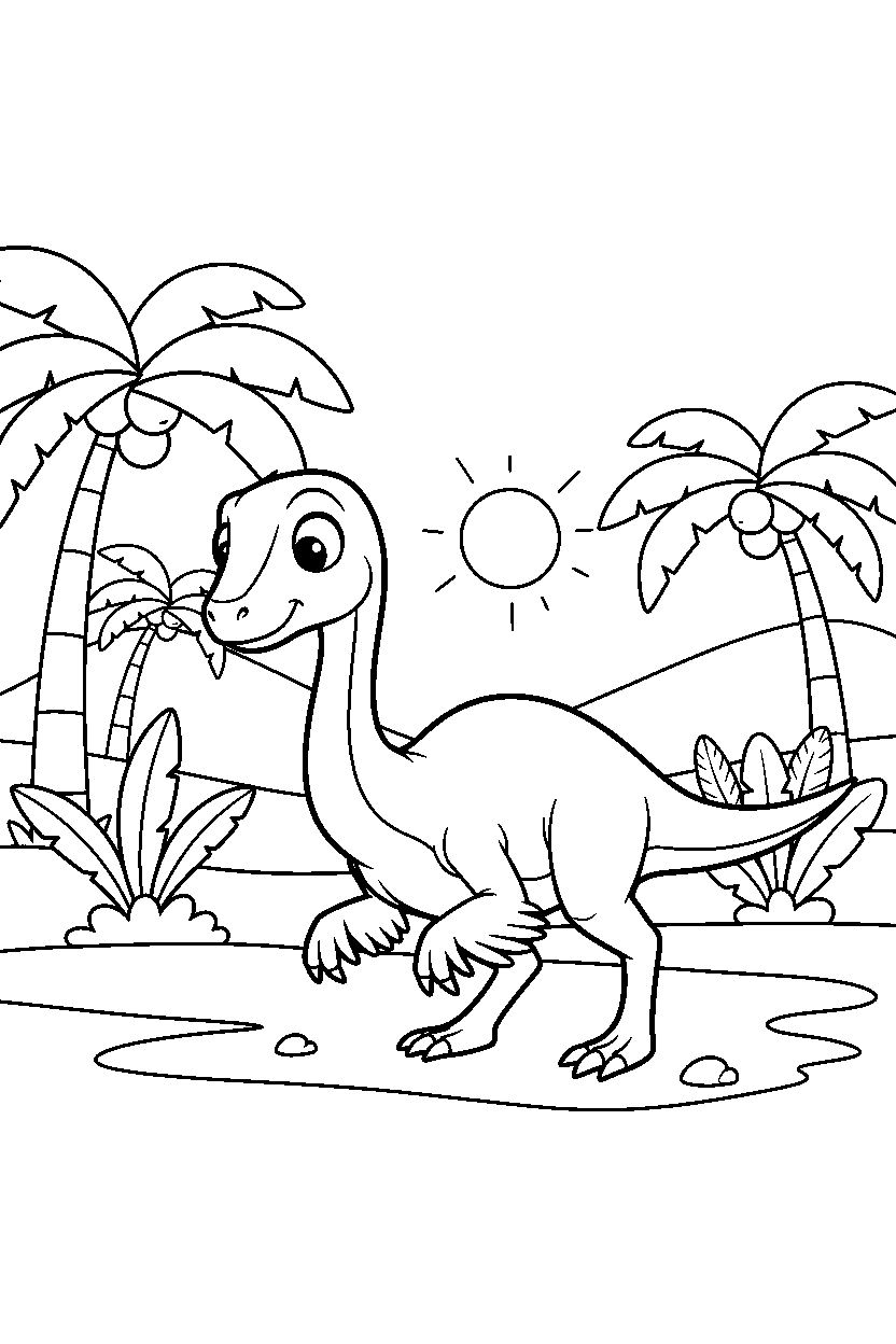 gallimimus exploring curiously in a warm prehistoric valley line art
