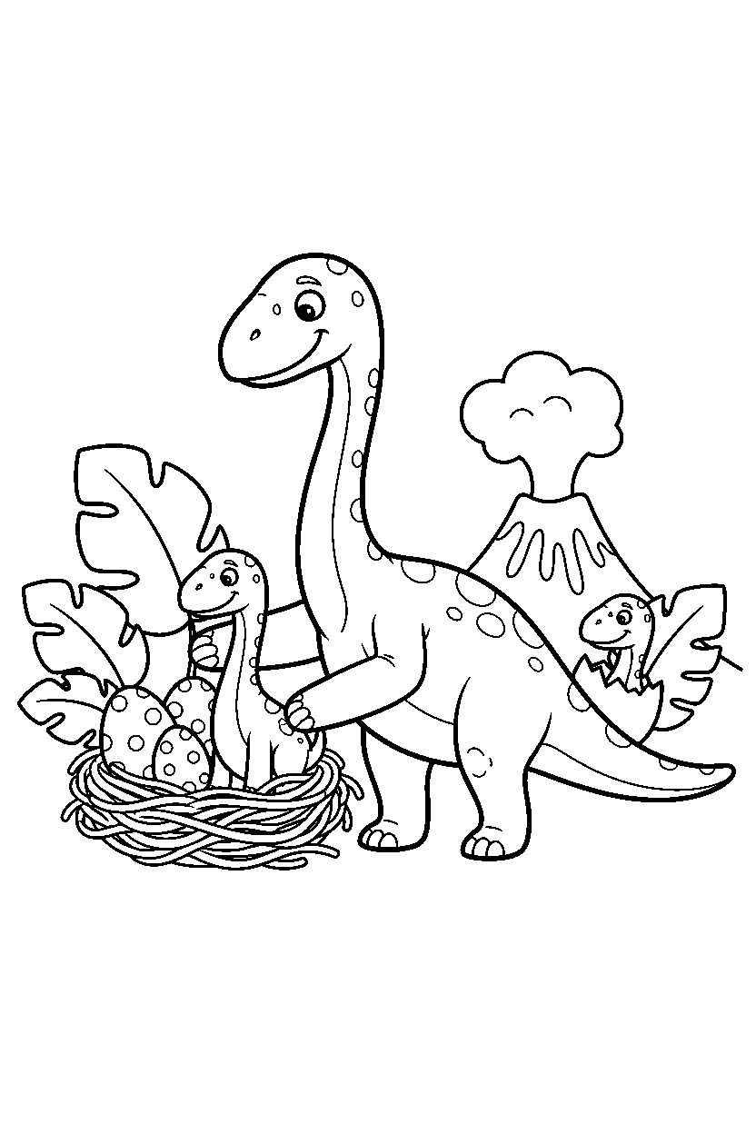 gallimimus protecting a baby dino near a baby dinosaur nest line art