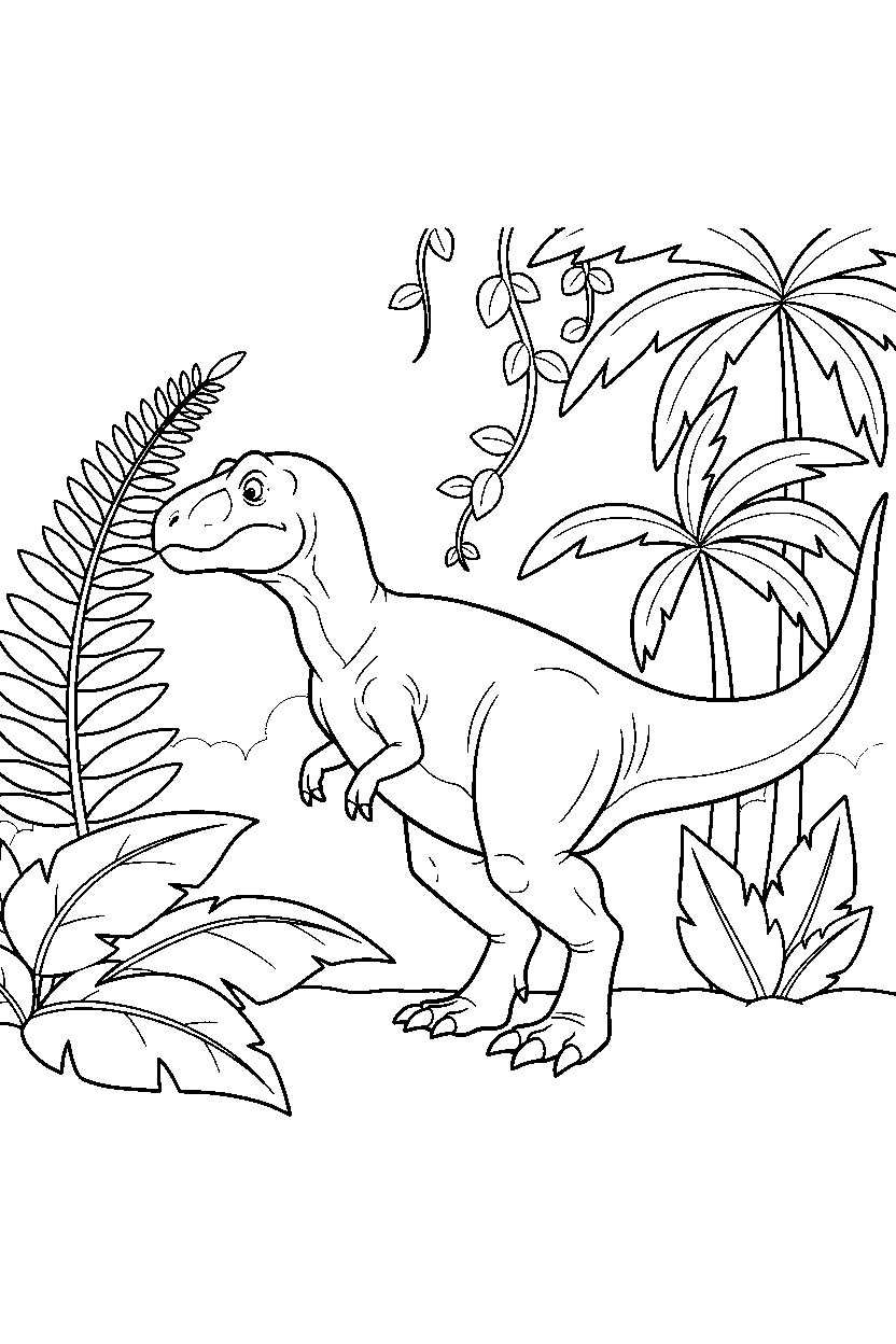 giganotosaurus dinosaur exploring curiously in a rainforest line art