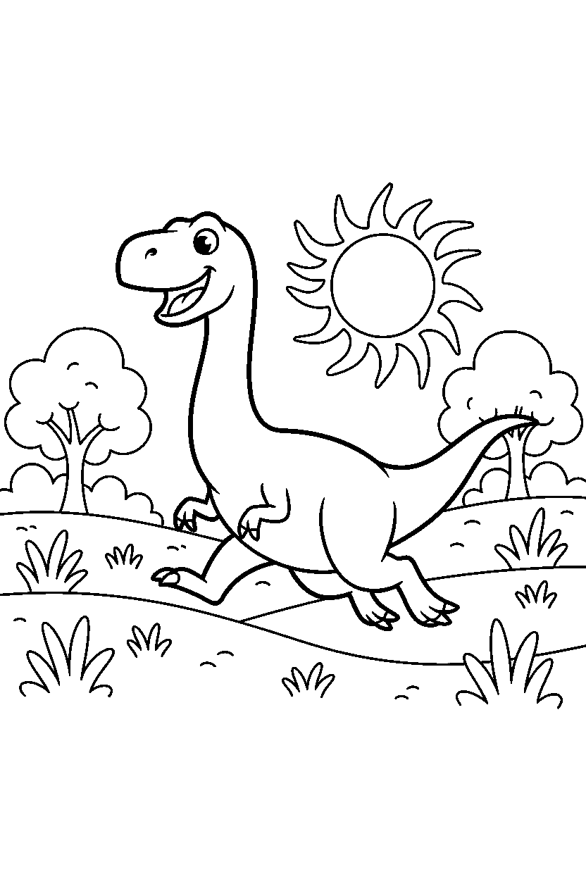giganotosaurus dinosaur running happily in a sunny meadow line art