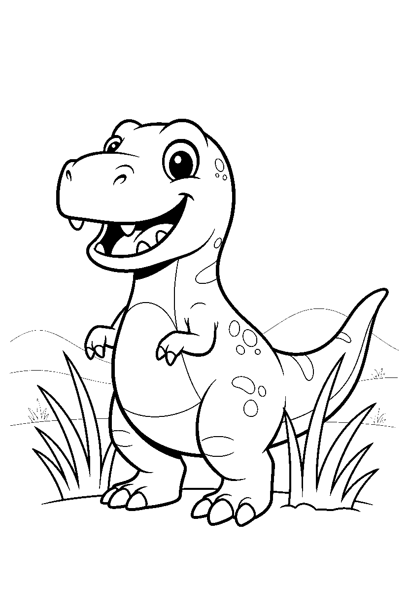 giganotosaurus dinosaur smiling happily near tall grasses line art