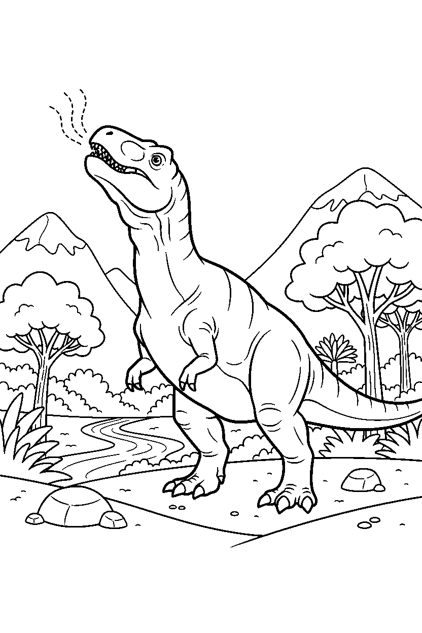 giganotosaurus dinosaur sniffing the air in a lush valley line art