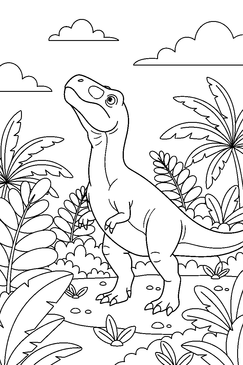 giganotosaurus dinosaur watching the sky in a fern forest line art