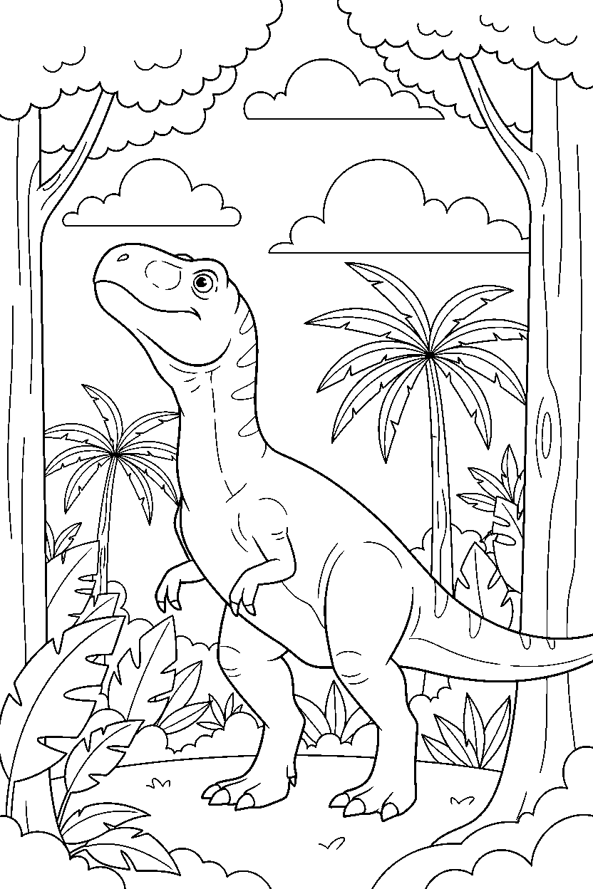 giganotosaurus dinosaur watching the sky in a rainforest line art