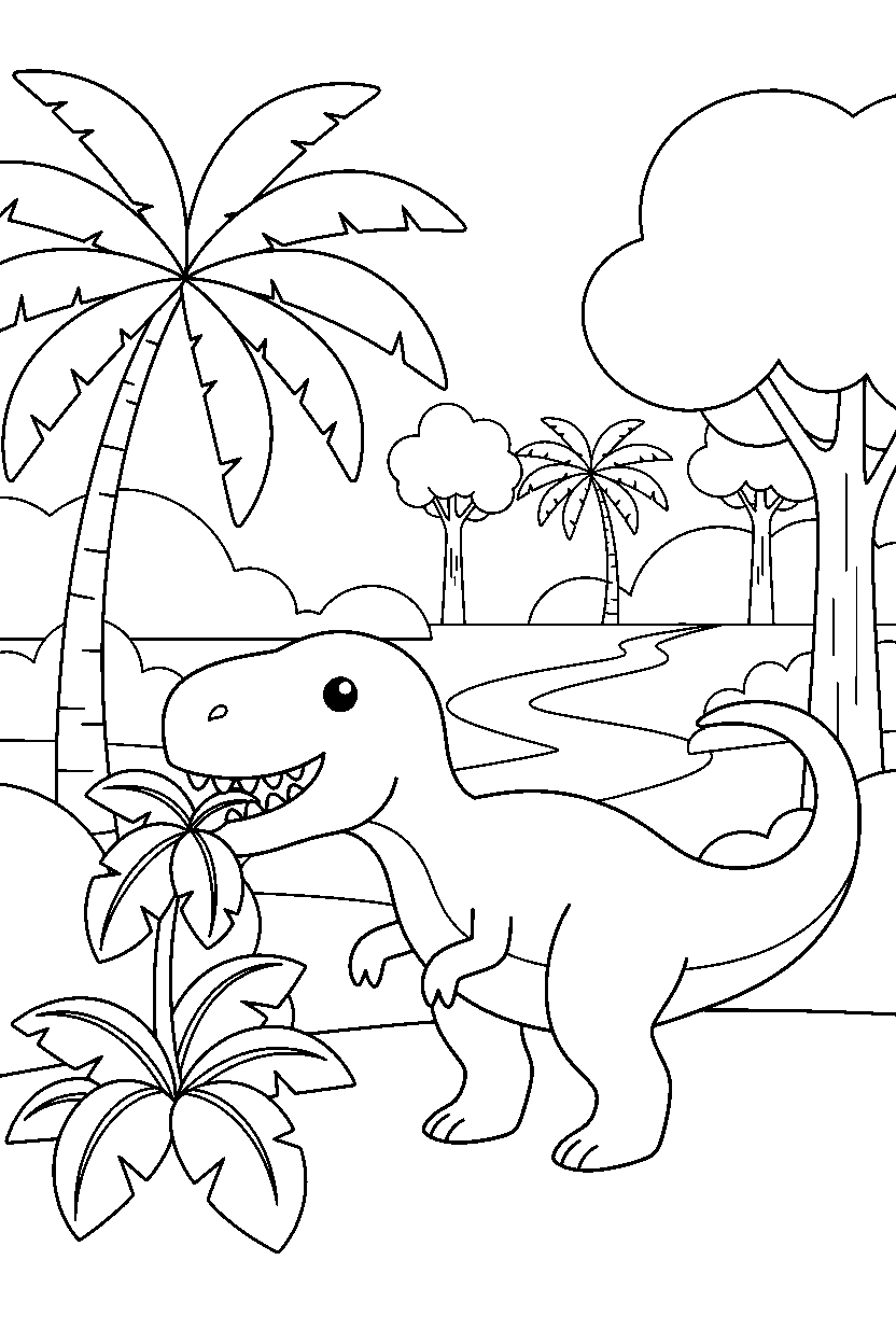giganotosaurus eating a plant in a rainforest line art