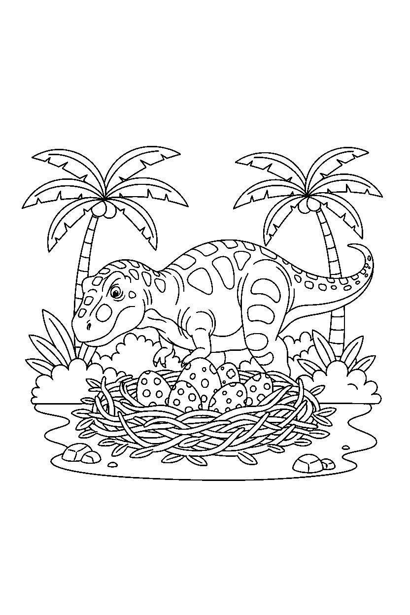 giganotosaurus guarding a nest near a jungle clearing line art