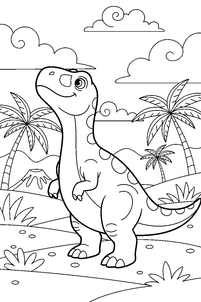 giganotosaurus watching the sky in a warm prehistoric valley line art